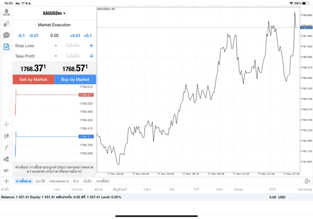 ทองคำ 0.02 lot แอป MT4 Exness